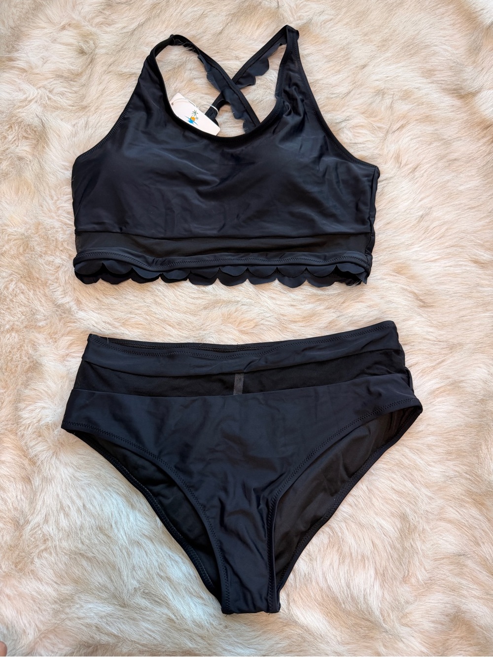 Beachsisi Women’s Bikini 2-piece Set High Waisted Black Scalloped Mesh XL Pool